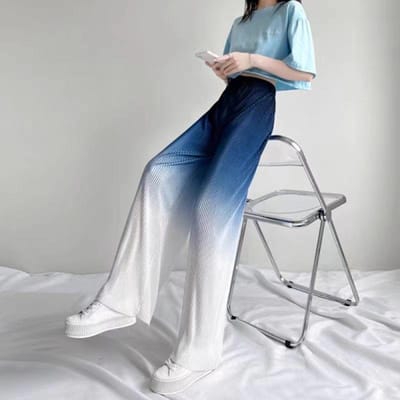 Verloopkleur Wijde pijpen broek Vrouwelijke zomer Hoge taille Rechte buis Drape Casual broek Veelzijdige vloer dweilen Sportbroek XL blauw