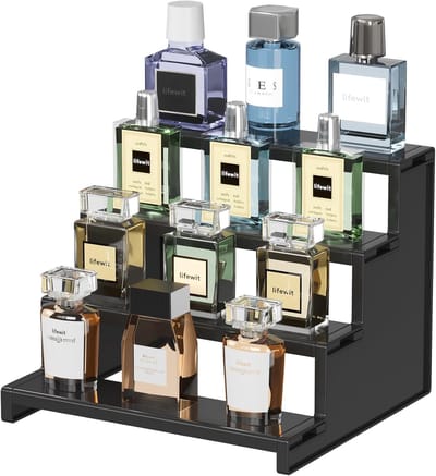 Displaystandaard, 4-laags Plastic Parfum Verhoger, Displayplank voor Aftershave, Geur, Huidverzorging, Make-up, Kaptafel Opslag, 1 Stuks Zwart