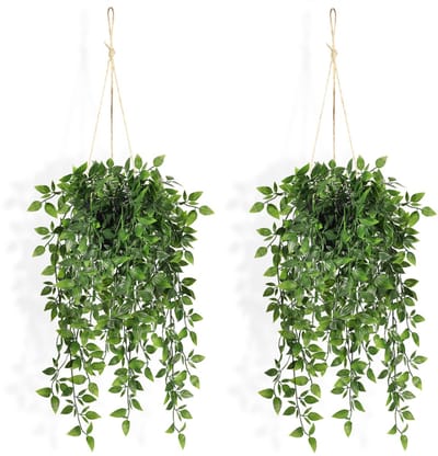 Hangplanten Indoor - 2 Pack Faux Greenery Planten voor Home Decor Kunstmatige Ingemaakte Wijnstokken met Zwarte Plastic Planter voor Slaapkamer Woonkamer Tuin Voorveranda Tafelplank Wanddecoratie