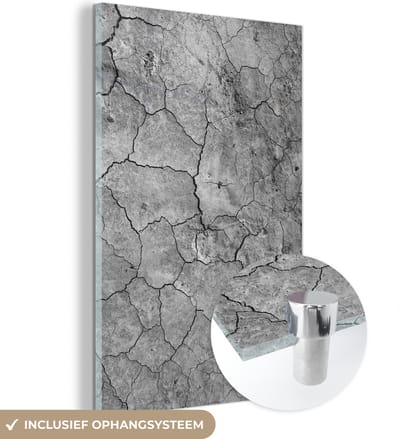 Glasschilderij zwart wit - Steen - Klei - Grijs - Structuren - 120x180 cm - Muurdecoratie - Kamer decoratie