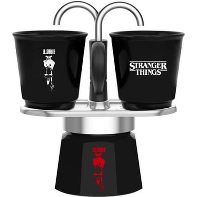 Italiaanse koffiezetter - BIALETTI - Mini express set - Stranger Things collectie - Met 2 thermosensibele kopjes - Zwart / Rood