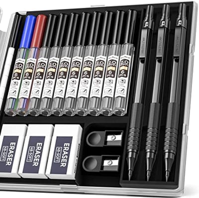 2 mm Drukpotloden Set met Etui – 3 Stuks Metalen Mechanische Potlood 2,0 mm, 10 Dozen Kleur & Zwarte Potloodmine (HB 2B 4B 4H 2H), Gummen en Puntenslijper voor Tekenen