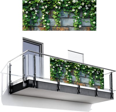 Balkonscherm 300x120 cm - Balkonposter Klimop - Groen - Stenen - Wit - Grijs - Balkon scherm decoratie - Balkonschermen - Balkondoek zonnescherm