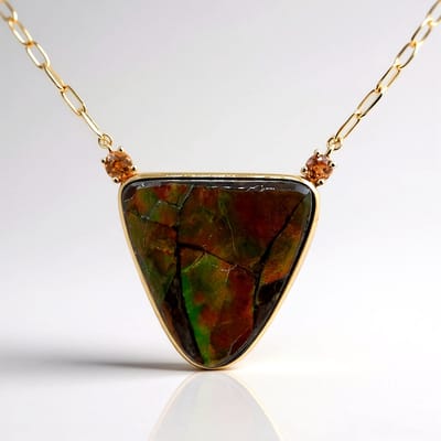 Cavill - Gouden Halsketting 14k - 15,795 ct Ammoliet Fancy Cabochon - 0,252 ct Spessartijn Granaten - Driehoekige Hanger - Elegante Sieraden Vrouwen