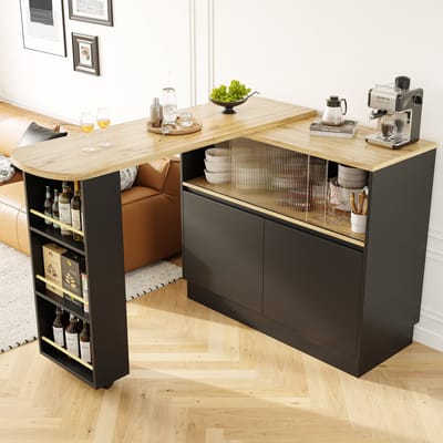 REDOM Multifunctioneel Barmeubel (360° Draaibaar) - Keukeneiland met Ribbelglas Schuifdeur - Houtlook & Zwart