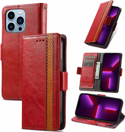 Stijlvol Tweekleurig PU-leer Wallet Flip Case voor iPhone 13 Pro _ Rood
