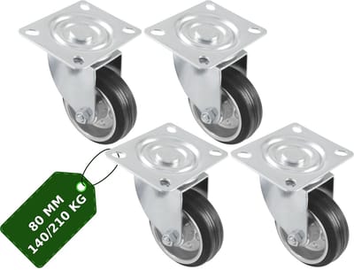 AMIG Zwenkwielen 80mm Set van 4 - 210kg Rubber Meubelwiel Rollager Zwart