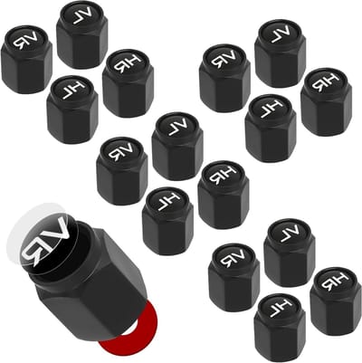 Set van 16 Aluminium Ventieldoppen met Inscription voor Auto, Motor en Fiets - Zwarte Ventieldoppen voor SUV en Passagiersauto's, Perfecte Tyre Marker Accessoires