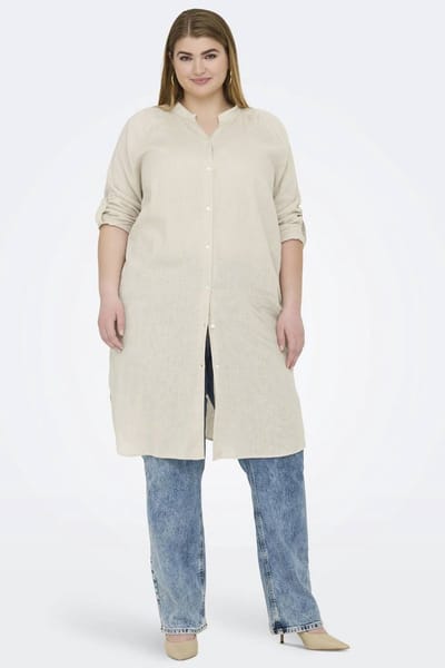 ONLY CARMAKOMA Dames Linnen Blousejurk Grote Maat Basis Lang Overhemd Jurk Mouwen met Omslag
