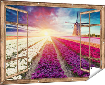 Gards Tuinposter Doorkijk Kleurrijke Tulpen Bloemenveld - Windmolen - 150x100 cm - Tuindoek - Tuindecoratie - Wanddecoratie buiten - Tuinschilderij