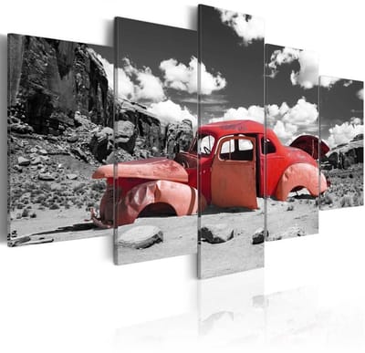 Schilderij - Rode auto in Woestenij, 5 luik