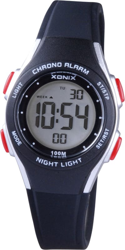 Xonix BAY-A07 - Horloge - Digitaal - Kinderen - Unisex - Siliconen band - ABS - Cijfers - Achtergrondverlichting - Alarm - Start-Stop - Tweede tijdzone - Datumaanduiding - Waterdicht - Zwart - Grjs - Rood - 10 ATM