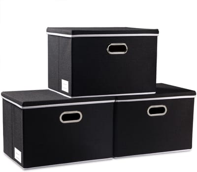 Famanu – Grote stoffen opbergdozen met deksel en handgrepen - set van 3 - 43 x 30 x 30 cm - zwart - duurzaam materiaal - stevig en praktisch voor kleding - speelgoed en accessoires