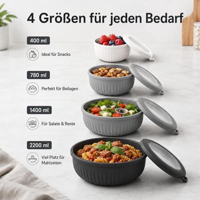 Mixkommen Set met Deksel - 4 Stuks Stapelbare Siliconen Kommen 0.4L 0.78L 1.4L 2.2L, BPA-vrij en Voedselveilig, Geschikt voor Vaatwasser en Magnetron (Blauw en Wit)