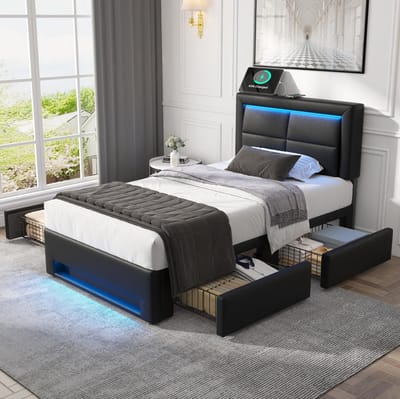 MEUNIQ eenpersoons gestoffeerd bed 90x200 cm met USB-opladen, draadloos laden, LED-verlichting, 4 lades en lattenbodem voor slaapkamer, zwart