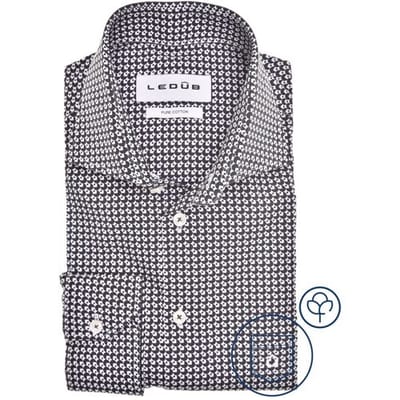 Ledub modern fit overhemd - popeline - donkerblauw met wit dessin - Strijkvriendelijk - Boordmaat: 40 (EU maat: M)