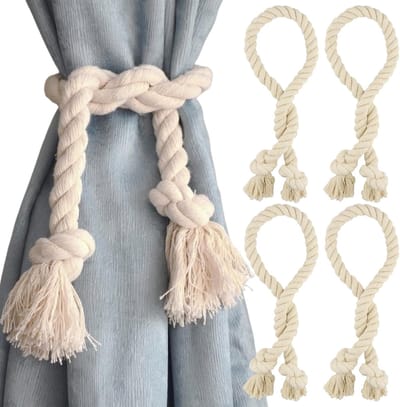 4pcs Natuurlijke Katoenen Gordijn Touwen - Gordijn Tie Backs Beige Boho - Handgemaakte Gordijn Ties voor Thuis Kantoor Woonkamer Slaapkamer Decor