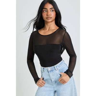 boohoo Dames Body Met Lange Mouwen En Mesh Panelen Aan De Voorkant | Black | Maat: 16