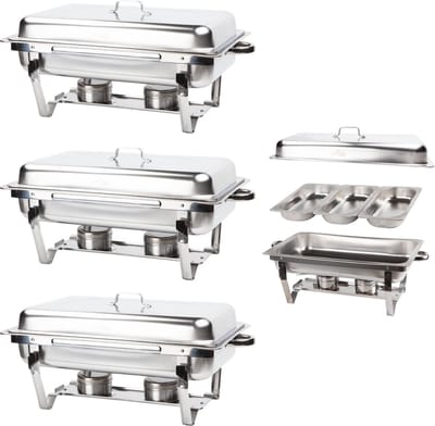Alora Chafing Dish chrome 3 bakken per 3 - voedsel verwamer - voedsel warmhouden - met deksel - buffetwarmer - roestvrij staal - chrome - warmhoudplaat - bain maria - warmhoudbakken - Warmhoudschalen