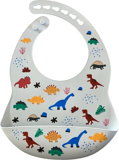 Il Bambini - Slabbetje baby - kinderslab - siliconen slabbetje - slabbetje met opvangbak - verstelbaar - lichtblauw - dino's - dinosaurus
