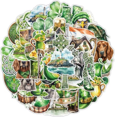 Ierse Stickers - 50 stuks met Ierland thema - Groene Stickers met Klaver, Keltisch Kruis & Knoop, St. Patricks day, Vlag etc. 5x5CM