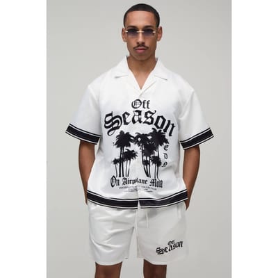 Oversized Shirt Met Korte Mouw En Short Set Met Off Season Print In Satijn | White | Size Small