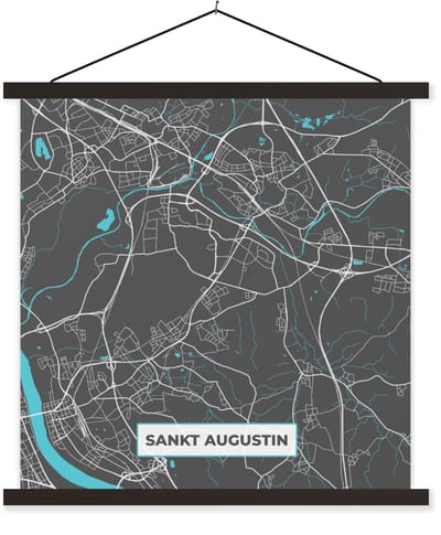 Posterhanger incl. Poster 60x60 cm - Schoolplaat - Stadskaart – Plattegrond – Duitsland – Blauw – Sankt Augustin – Kaart - Textielposter - Zwarte latten - Stadskaart