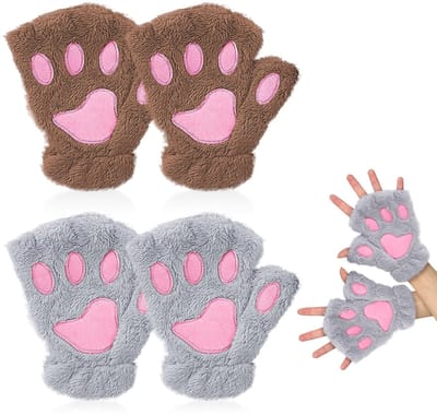 Dailygoods- Winterhandschoenen Dames - 2 Paar Vingerloze Handschoenen - Pluche Kattenpoothandschoenen - Warme Winterhandschoenen - Kaki/Grijs - Hoogwaardig Materiaal