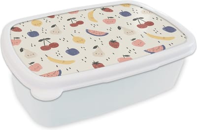 Broodtrommel Wit - Lunchbox - Brooddoos - Design - Fruit - Kawaii - Patronen - 18x12x6 cm - Volwassenen