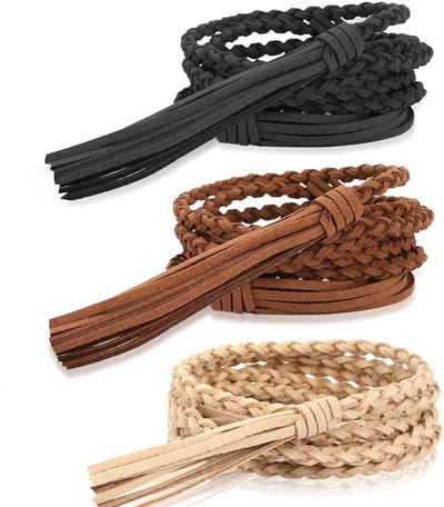 Allecto - Dames Riem - Skinny Kwastjes - Gevlochten Taille Riem - Zwart/Bruin/Khaki - Weven en Stijlvol - Geschikt voor Jurken - Eén Maat