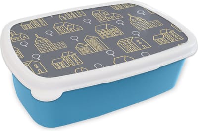 Broodtrommel Blauw - Lunchbox - Brooddoos - Patronen - Gebouwen - Goud - 18x12x6 cm - Kinderen - Jongen