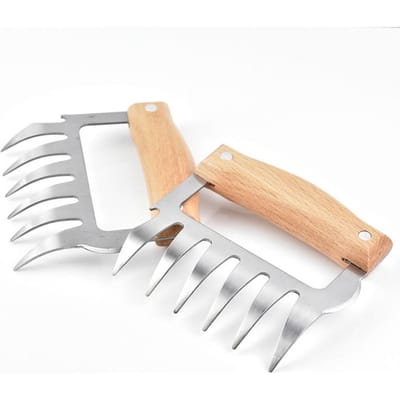 BBQ Accessoires 2 stuks BBQ Vork Klauwen Vleesversnipperaar Hittebestendig Roestvrij Staal Vleesklauwen voor Vlees Versnipperen met Houten Handvat