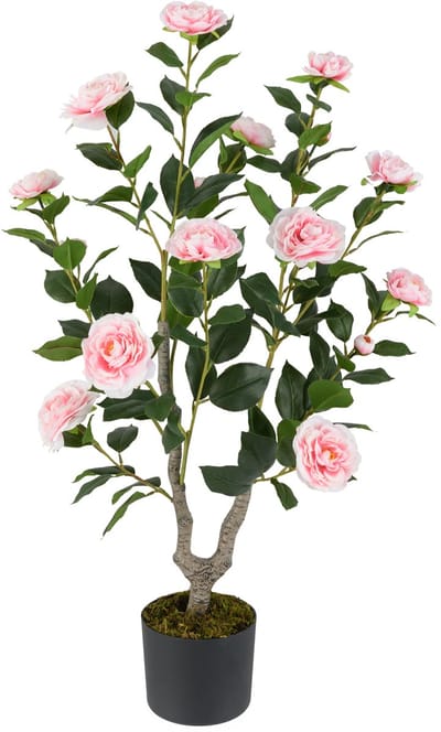 COSTWAY 90 cm kunstboom met bloemen, kunstmatige cameliaboom, kunstplant in pot, cameliaplant met 16 bloemen en 116 bladeren, kunstbloem voor thuis, kantoor, kamerplant, decoratieve plant (roze)