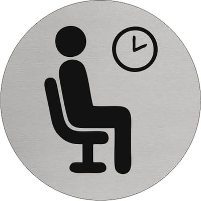 CombiCraft Aluminium Deurbord "Wachtkamer" met zittend pictogram en achtergrondklok, Ø75 mm diameter en voorzien van dubbelzijdig plakband