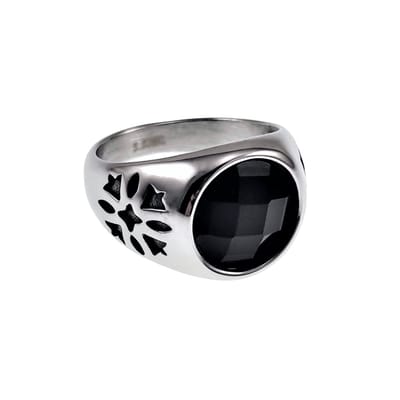 Zegelring Unisex - Gepolijst RVS - Ronde Design - Ring met Zwarte Zirkonia Dames - Heren
