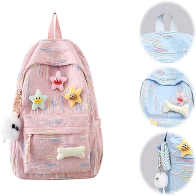 KZQ Schattige Y2K rugzak met sterrenaccessoires en pluche hangers nylon 30x14x40 cm voor meisjes basisschool en middelbare school roze
