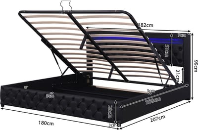 Gestoffeerd tweepersoonsbed 180x200 cm met bedframe - Inclusief hoofdbord - LED-lichtstrip - Hydraulische liftfunctie - Metalen frame - Knoopdesign - Moderne stijl - Wit (matras niet inbegrepen)