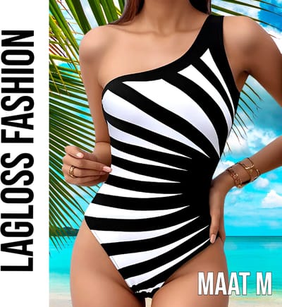 LaGloss® Badpak Zwart Wit Gestreept – Eén Schouder Zebra Print – Asymmetrisch Damesbadpak Maat M