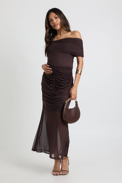 boohoo Dames Zwangerschaps Geplooid Bardot Mesh Zoom Midaxi | Chocolate | Maat: 14
