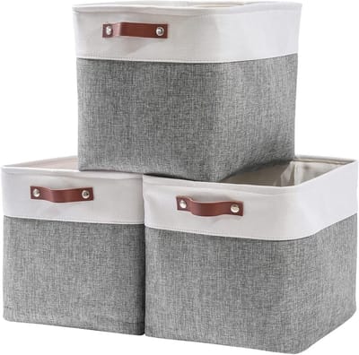 Famanu – Stoffen opbergmanden set van 3 - 33x38x33 cm - grijs/wit - duurzaam materiaal - multifunctioneel - geschikt voor kast - plank of bureau - stevig en praktisch voor kleding - en accessoires