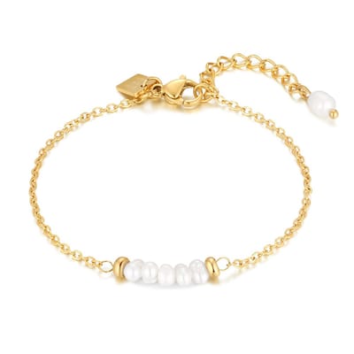 Twice As Nice Armband in goudkleurig edelstaal, 5 zoetwaterparels 16cm+3cm