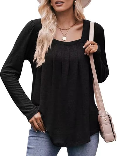 ASTRADAVI Casual Chic - Dames Blouse met Lage Hals - Stijlvolle Top met Geplooide Halslijn - Zwart / Small