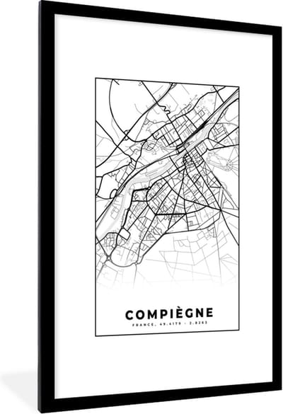 Fotolijst incl. Poster Zwart Wit- Plattegrond - Compiègne - Frankrijk - Stadskaart - Kaart - Zwart wit - 80x120 cm - Posterlijst