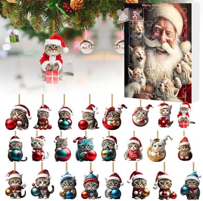 Adventsaftelkalender, 24-daagse kerstaftelkalender met schattige kattenpoppen, kerstboomversieringen in de vorm van 2D-acrylkattenhangers, sleutelhanger, vakantiedecoratie voor kattenliefhebbers (stijl A) - Cyslmuk®