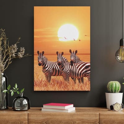 Artaza Canvas Schilderij Afrikaanse Dieren - 20x30 cm - Klein - Wanddecoratie Zebra - Muurdecoratie Savanne - Kamer Accessoires Zonsondergang