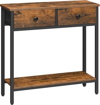 HOMESY Slanke consoletafel, kleine consoletafel met 2 niet-geweven laden, gangtafel met opbergruimte, voor kleine ruimtes en woonkamers, industrieel, bruin en zwart