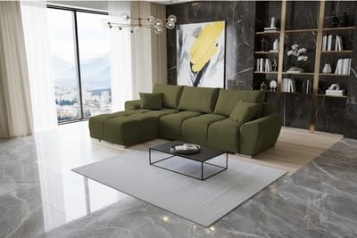 Hoekbank met Slaapfunctie & Opbergruimte - Luxe Fluwelen L-vorm Slaapbank 289x189 cm - Comfort CollFeel Zitting - Inclusief Kussens - Olijfgroen - Novihome