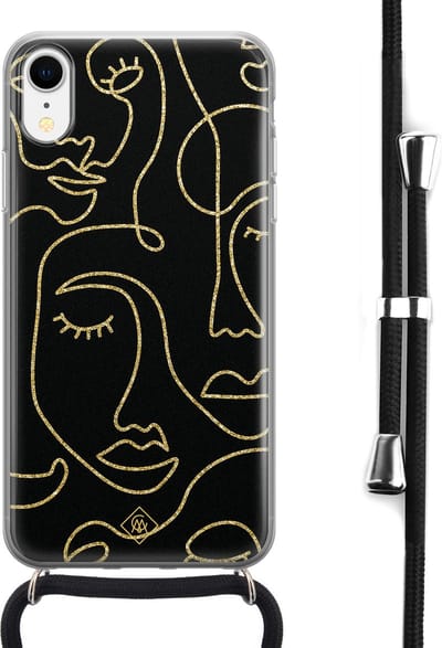 Casimoda® hoesje met koord - Geschikt voor iPhone XR - Abstract Faces - Afneembaar koord - Siliconen/TPU - Zwart