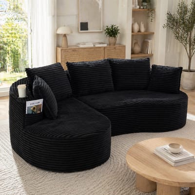 3-Zitsbank, L-Bank, Zachte, Ademende Corduroy Bank met Bekerhouder en Opbergvak, Hoogwaardig Schuim voor Comfortabel Zitten, Inclusief Kussens – Samengeperst en Klaar voor Gebruik, Perfect voor Elke Woonkamer-Zwart