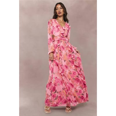 boohoo Dames Lange florale chiffon maxi-jurk met volumineuze mouwen | Roze | Maat: 42